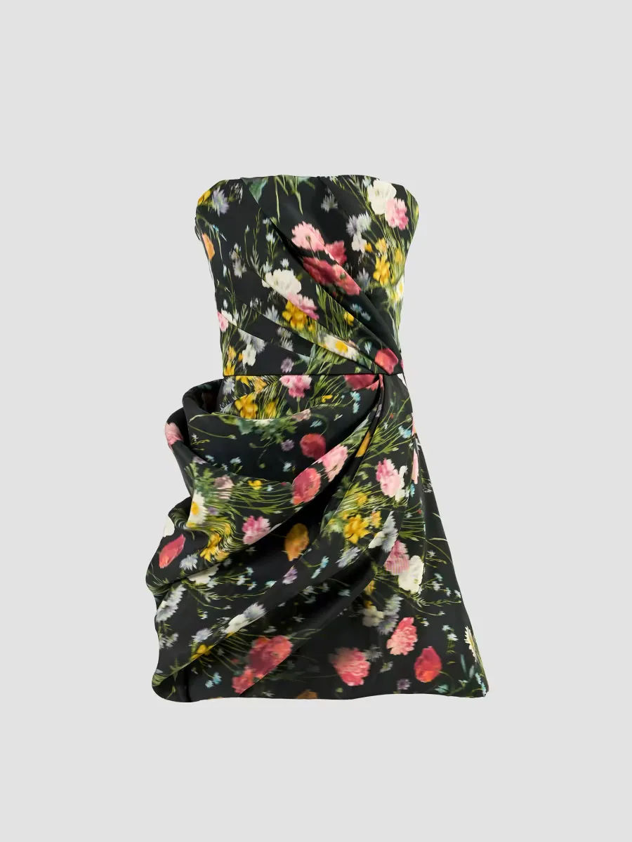 Floral Silk Draped Strapless Mini Dress by Carolina Herrera
