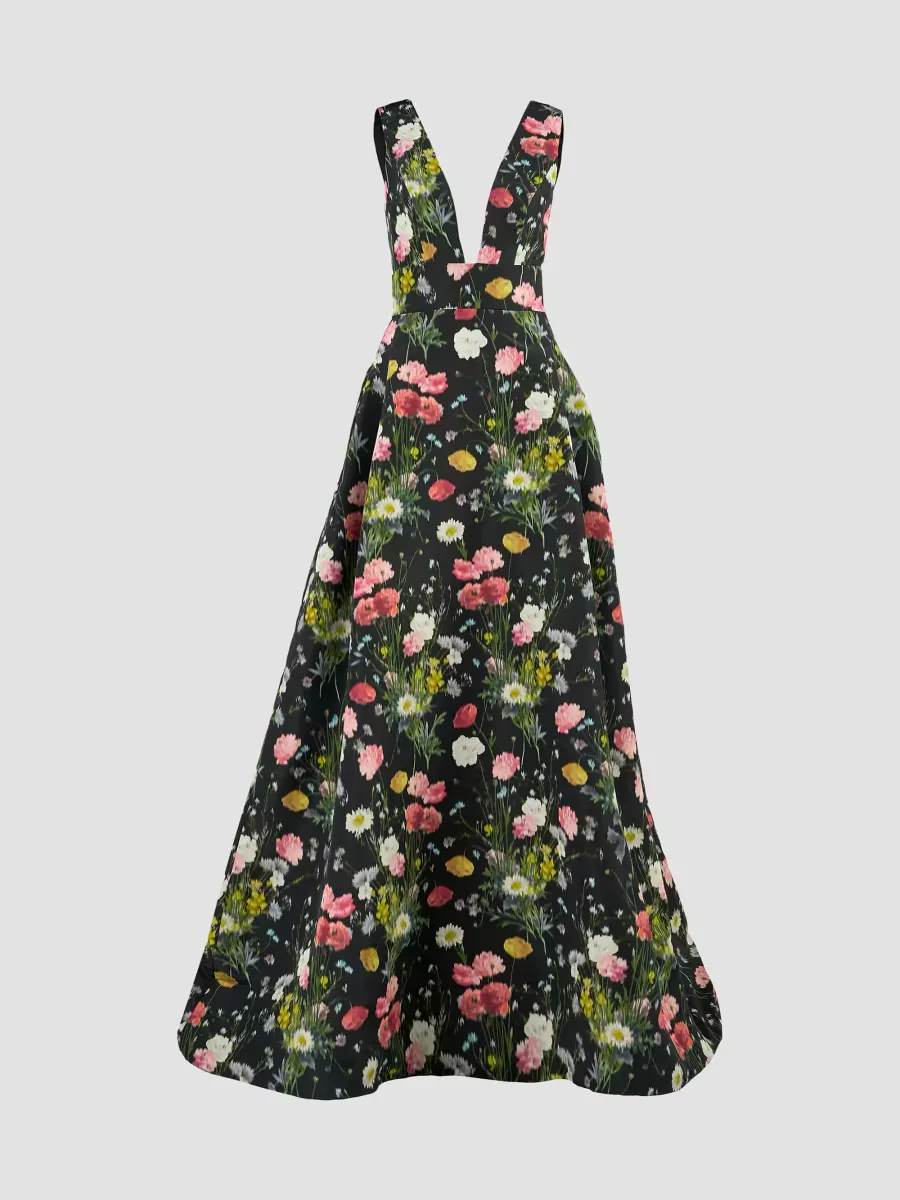 Floral V-Neck Sleeveless Gown by Carolina Herrera