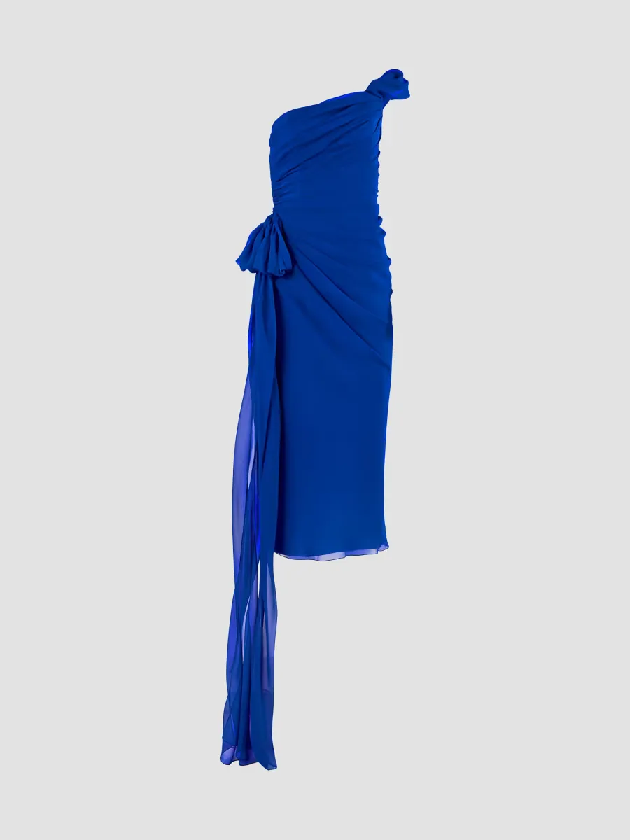 Ruched One-Shoulder Silk Midi Dress by Carolina Herrera