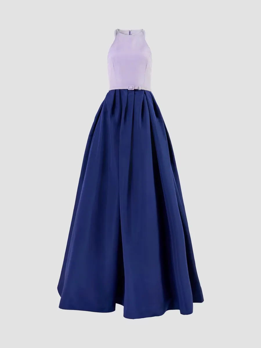 Colorblocked Silk Belted Fit & Flare Halter Gown by Carolina Herrera