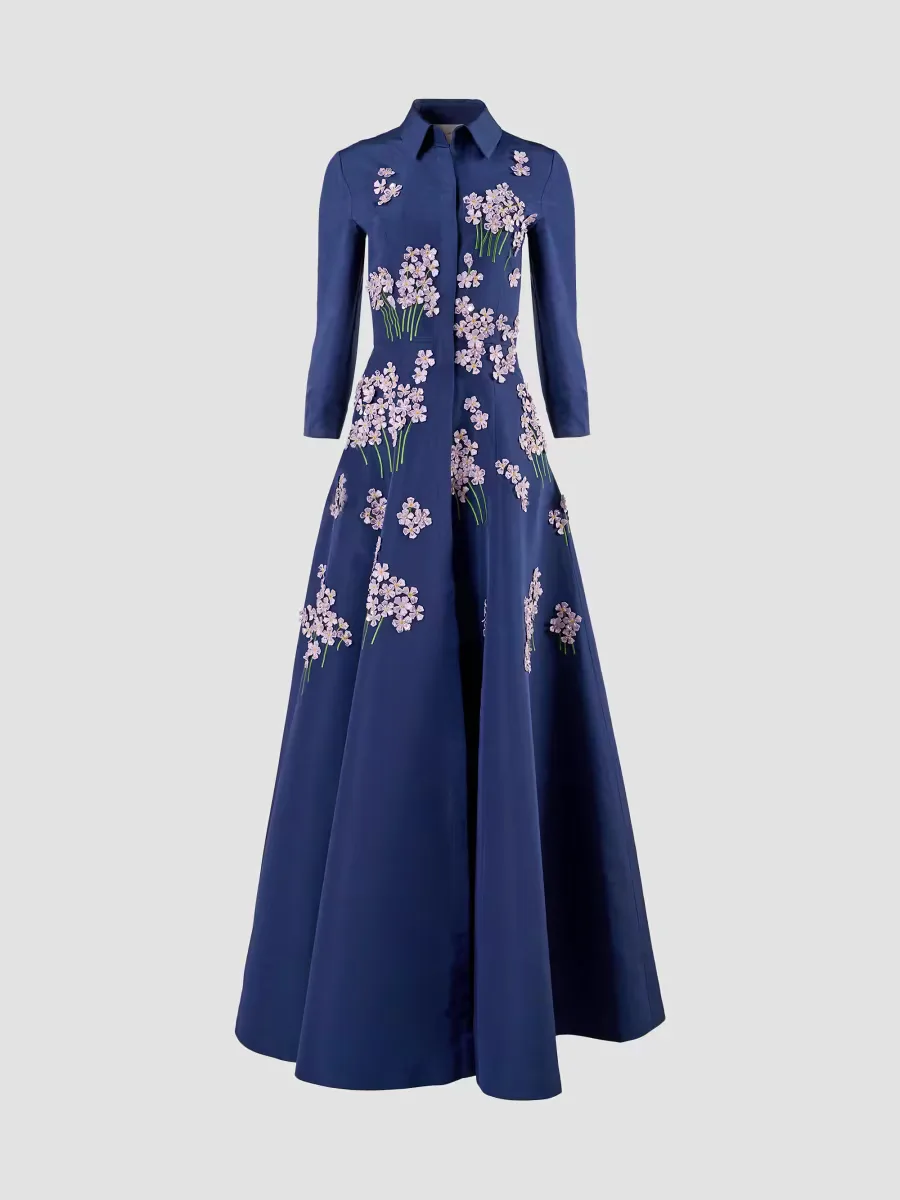 Floral Appliqu Silk Self-Belt Gown by Carolina Herrera