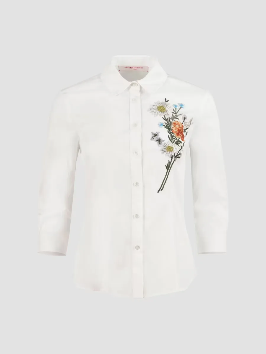 Embroidered Floral Cotton-Blend Shirt by Carolina Herrera