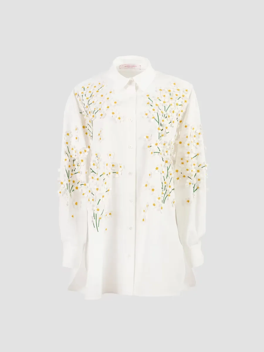 Floral-Appliqu Cotton-Blend Oversized Shirt by Carolina Herrera