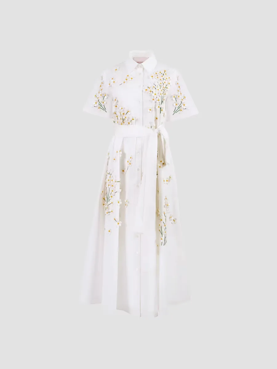Floral Appliqu Cotton-Blend Belted Midi Shirtdress by Carolina Herrera