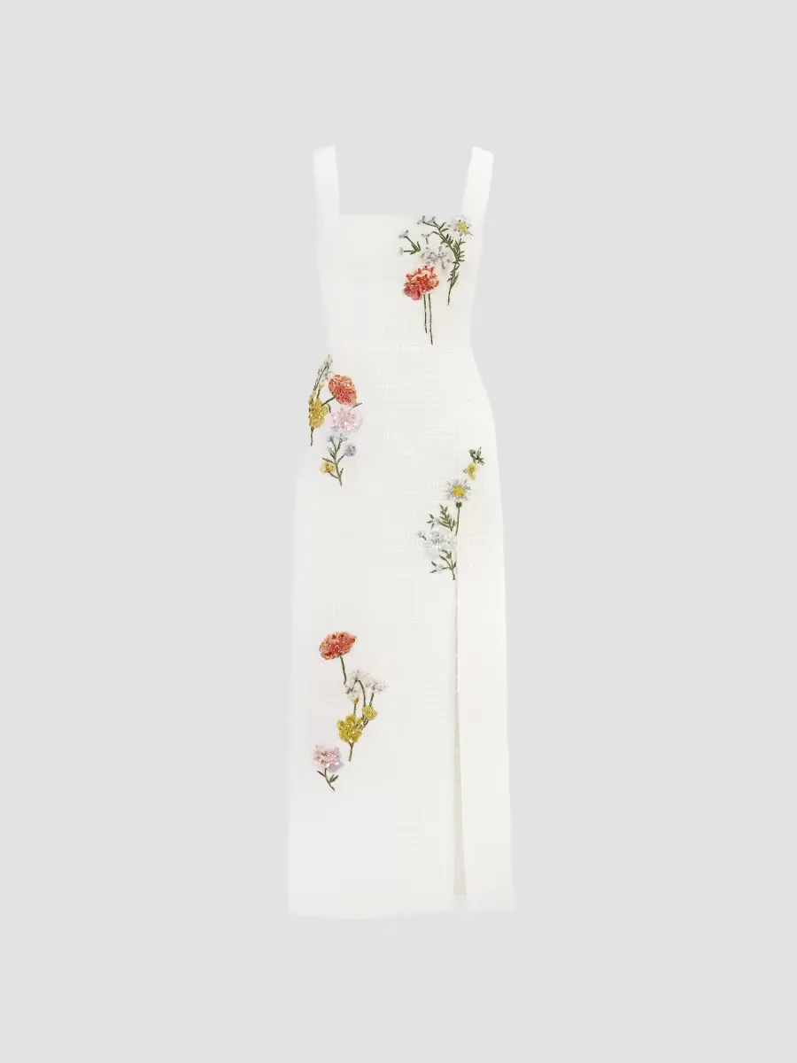 Floral-Embellished Boucle Square-Neck Midi Dress by Carolina Herrera