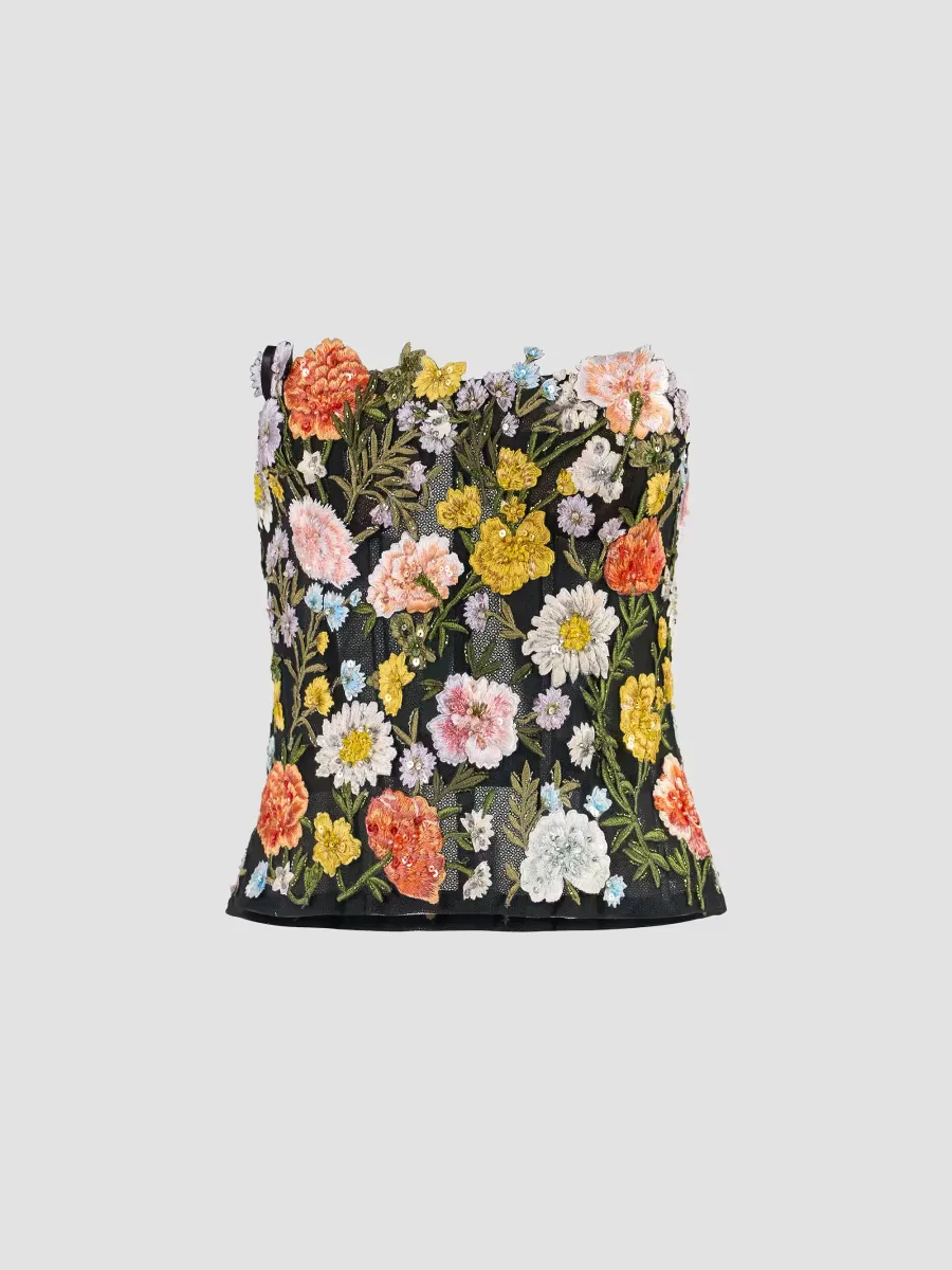 Beaded & Floral-Embroidered Strapless Top by Carolina Herrera
