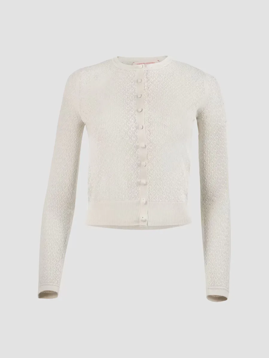 Pointelle-Knit Crewneck Cardigan by Carolina Herrera