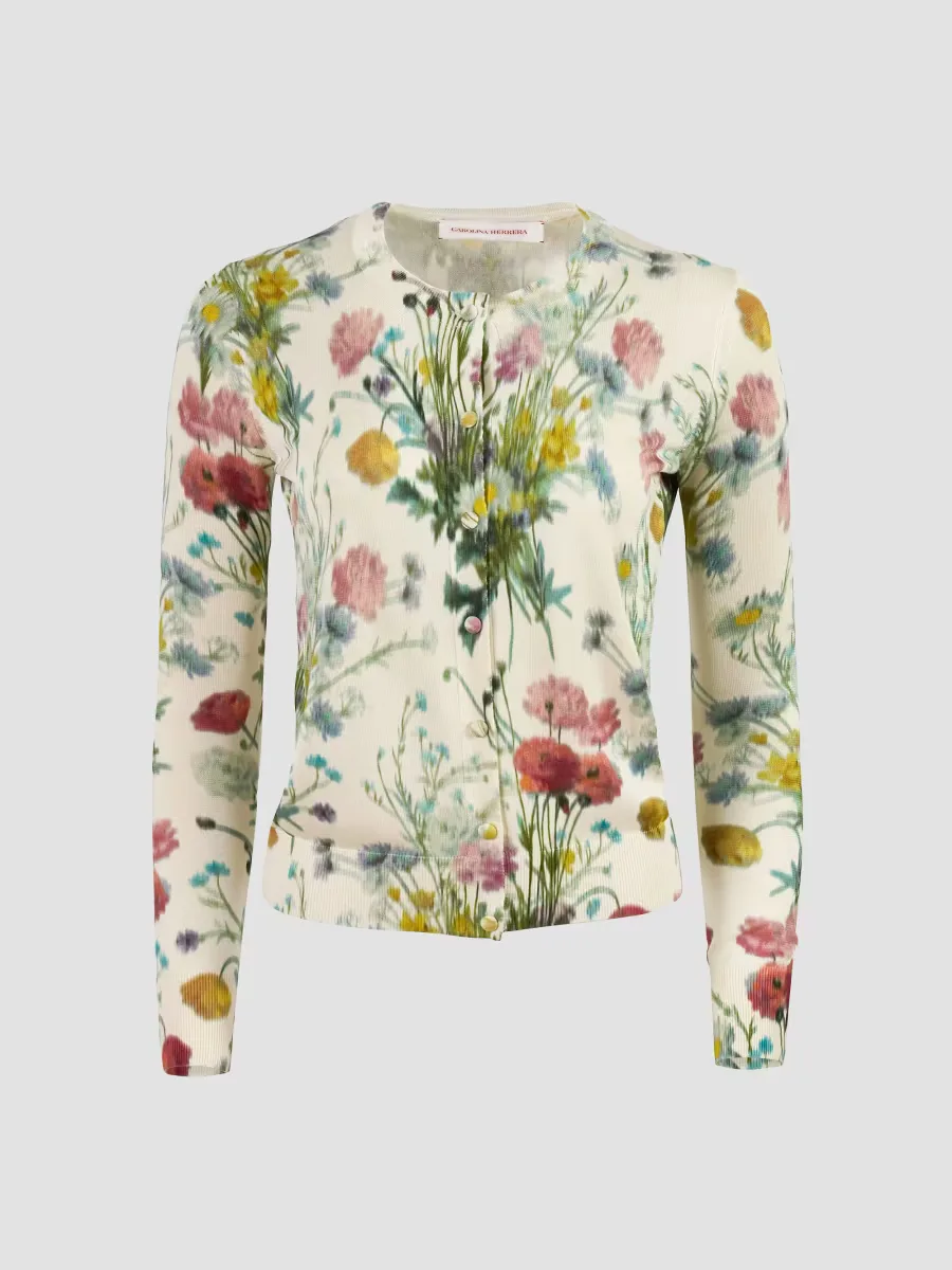 Floral Silk Crewneck Cardigan by Carolina Herrera