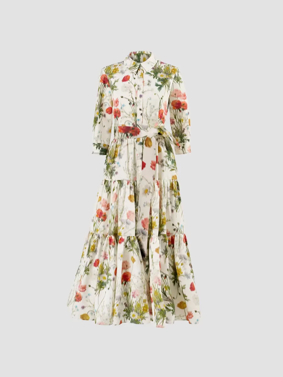 Floral Cotton-Silk Self-Belt Midi Shirtdress by Carolina Herrera