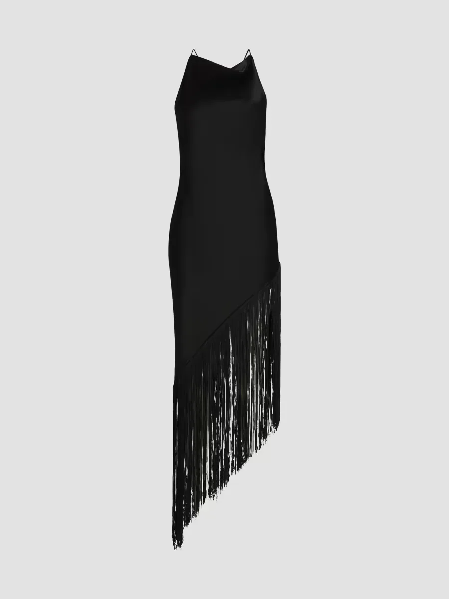 Fringed Satin Cowlneck Midi-Dress by LaPointe