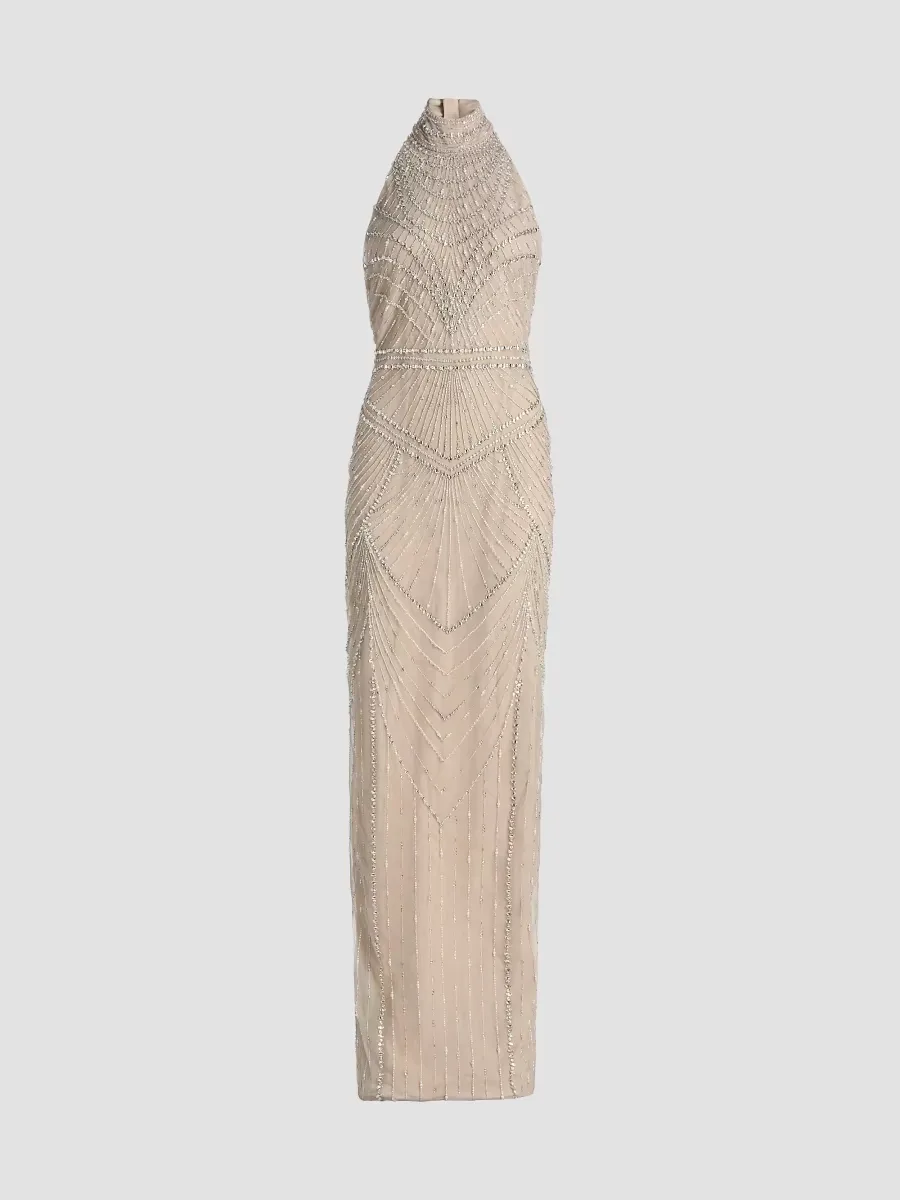 Embellished Tulle Halter Column Gown by Pamella Roland