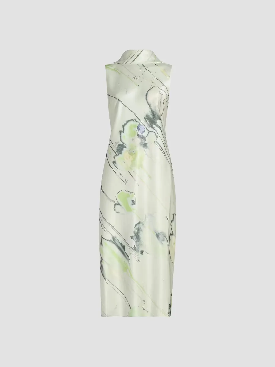 Watercolor Floral Bias-Cut Scarf Midi-Dress