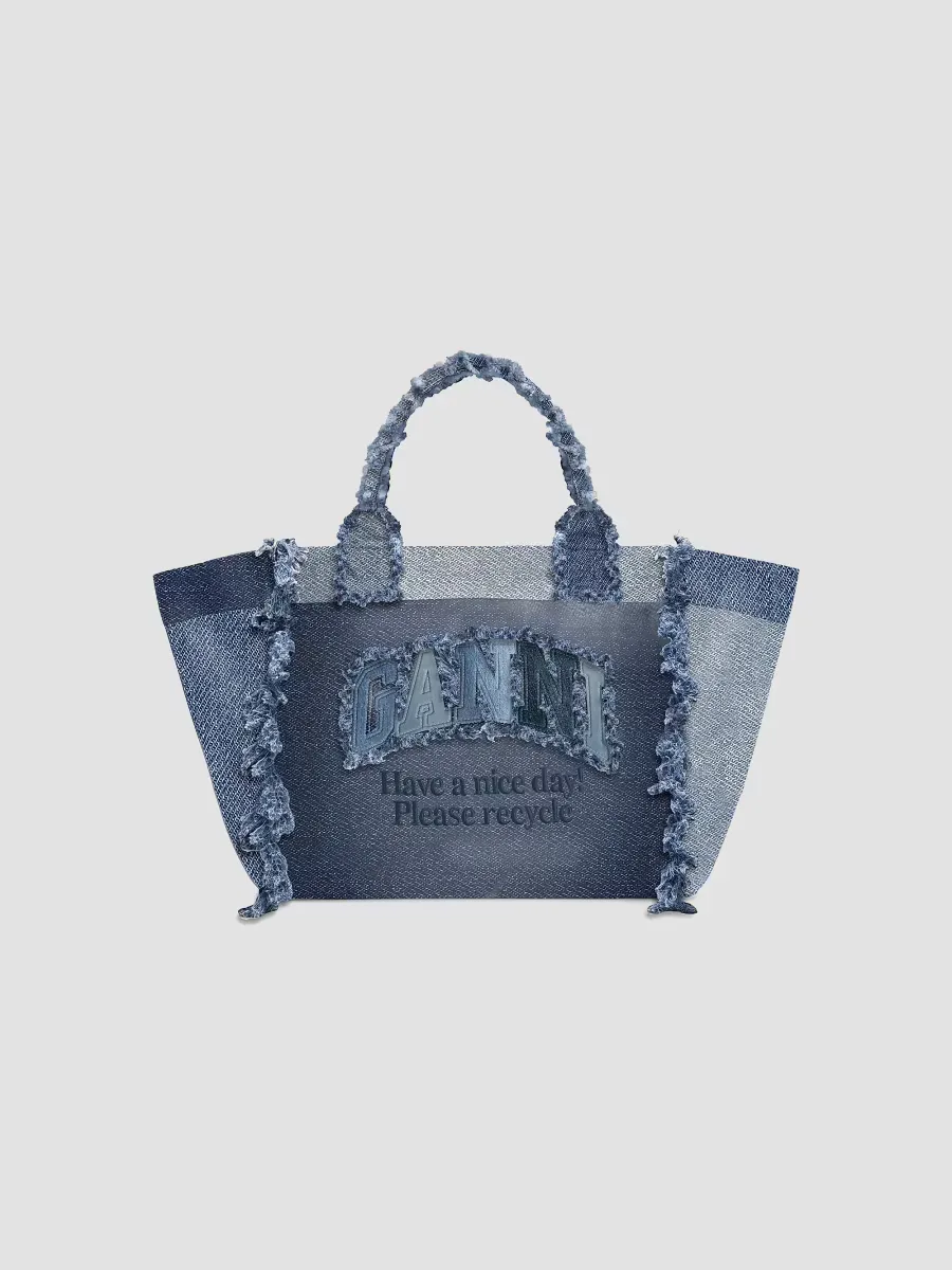 Small Trapeze Logo Denim Shopper Tote Bag by GANNI