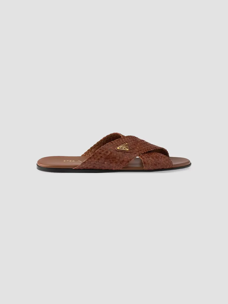 Woven Leather Crisscross Slides by Prada