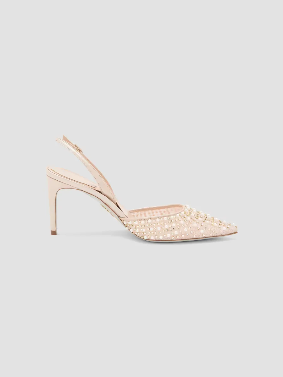Embellished 80MM Lace Slingback Pumps by Rene Caovilla