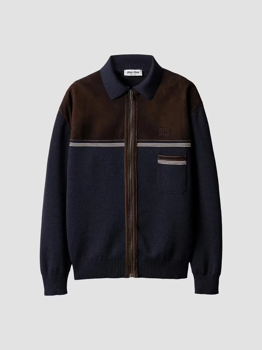 Wool and Leather Zipper Cardigan by Miu Miu