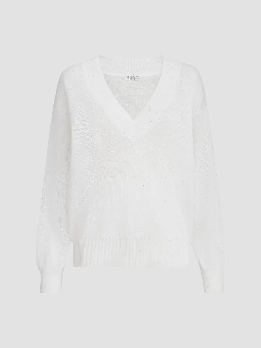 Linen and Cotton Diamond Yarn Sweater by Brunello Cucinelli
