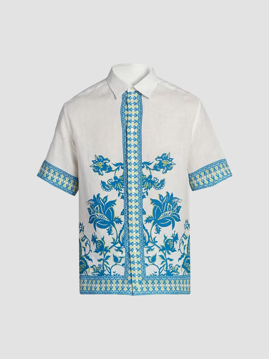 Aqua Print Linen Short-Sleeve Shirt by ETRO