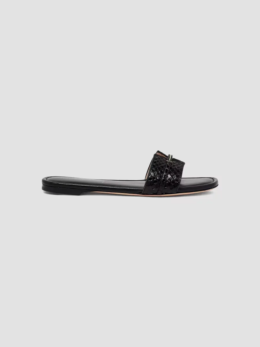 Snake-Embossed Leather Flat Sandals