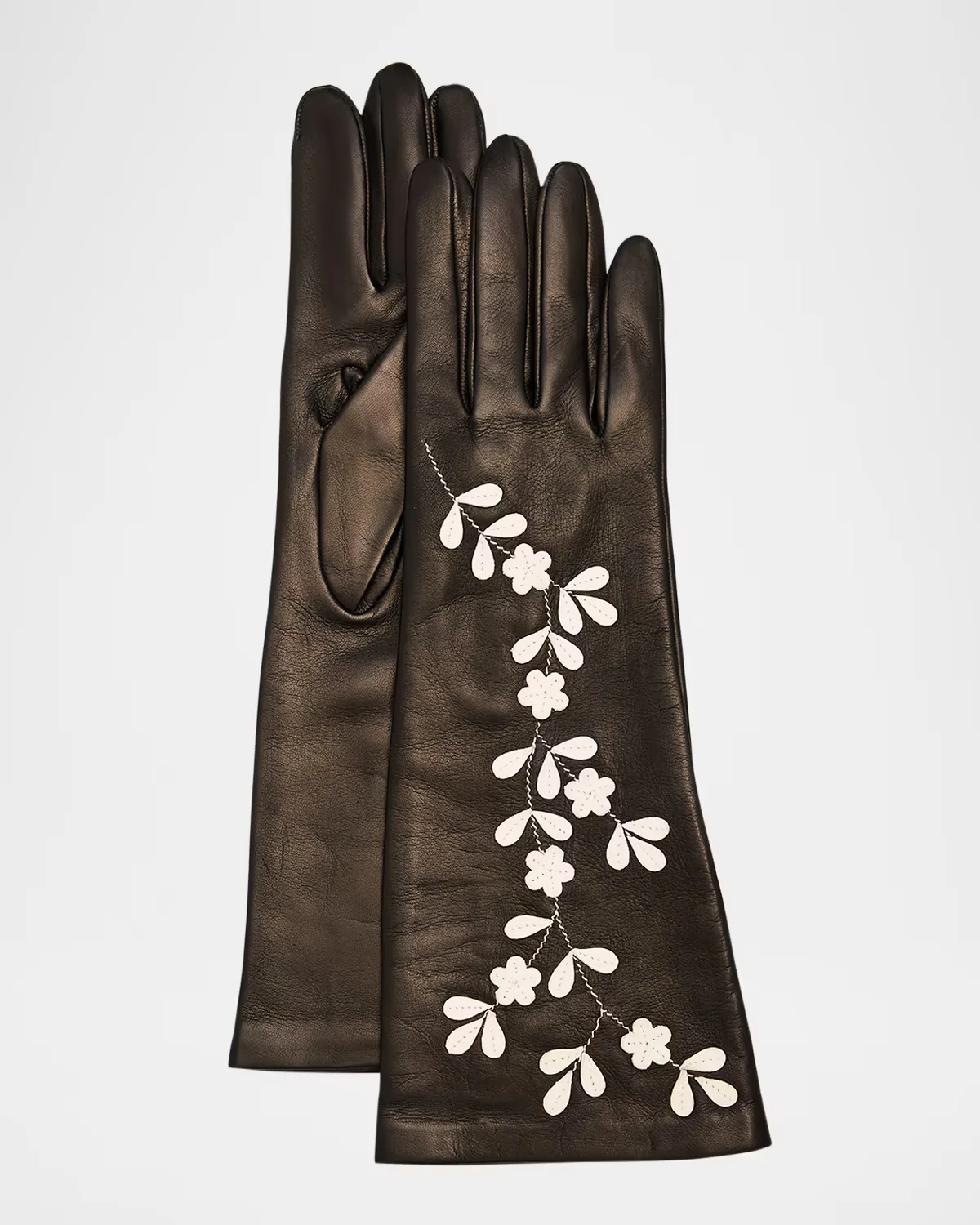 Leather Gloves W/ Contrast Floral Details by Portolano