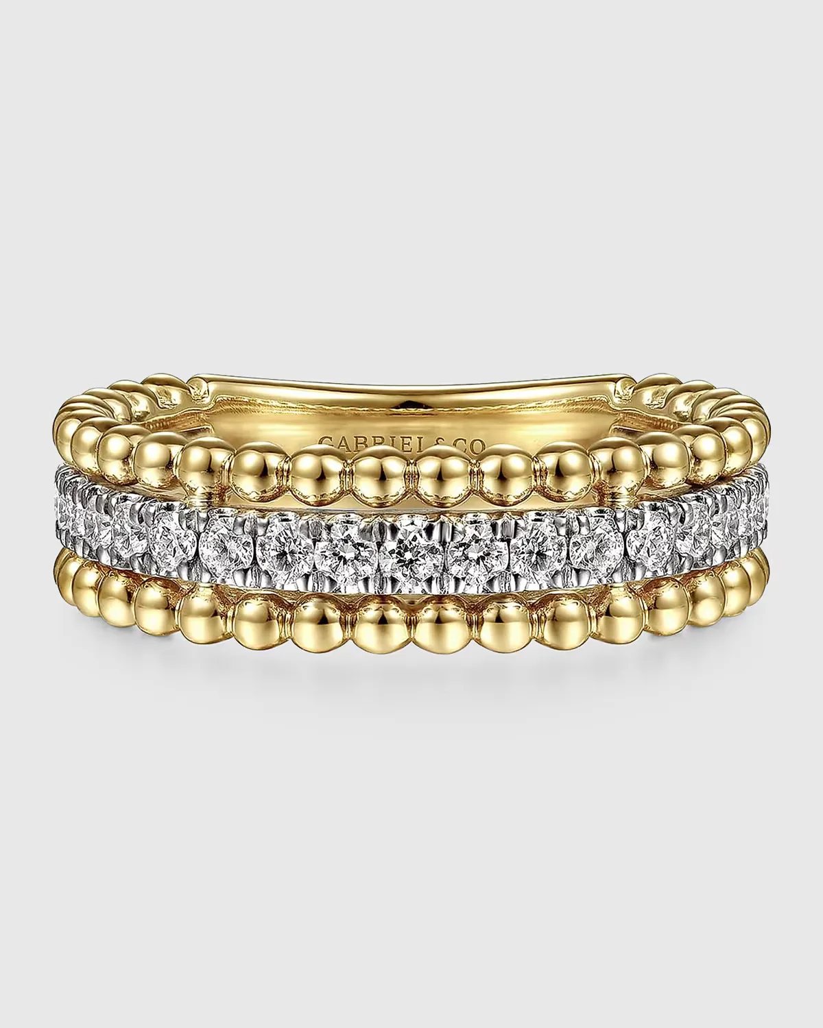 14K White and Yellow Gold Three-Row Diamond and Bujukan Bead Ring