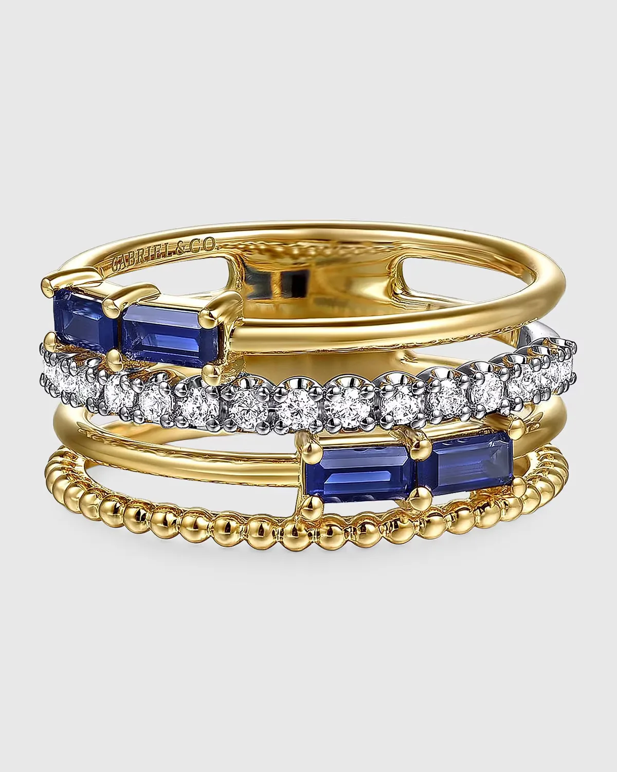 14K White and Yellow Gold Diamond and Blue Sapphire Wide Band Easy-Stack Ring by Gabriel