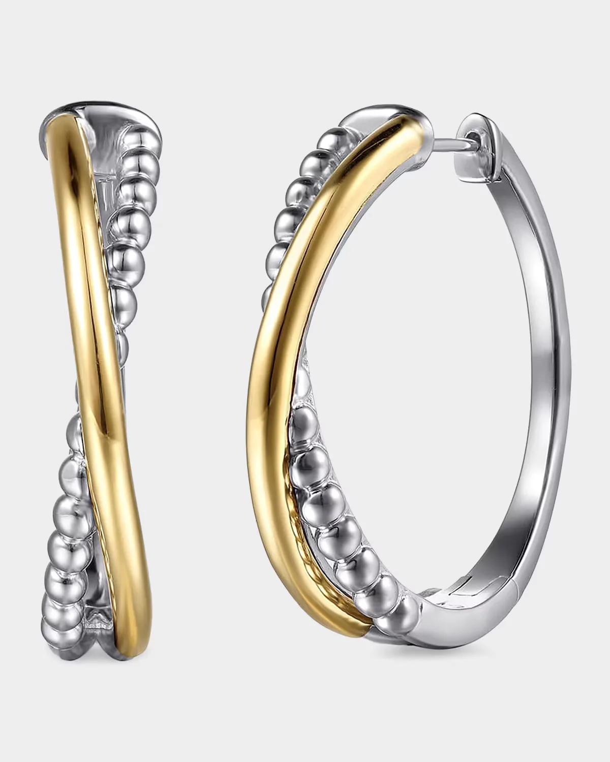 14K Yellow Gold and 925 Sterling Silver Bujukan Criss Cross Intricate Hoop Earrings by Gabriel