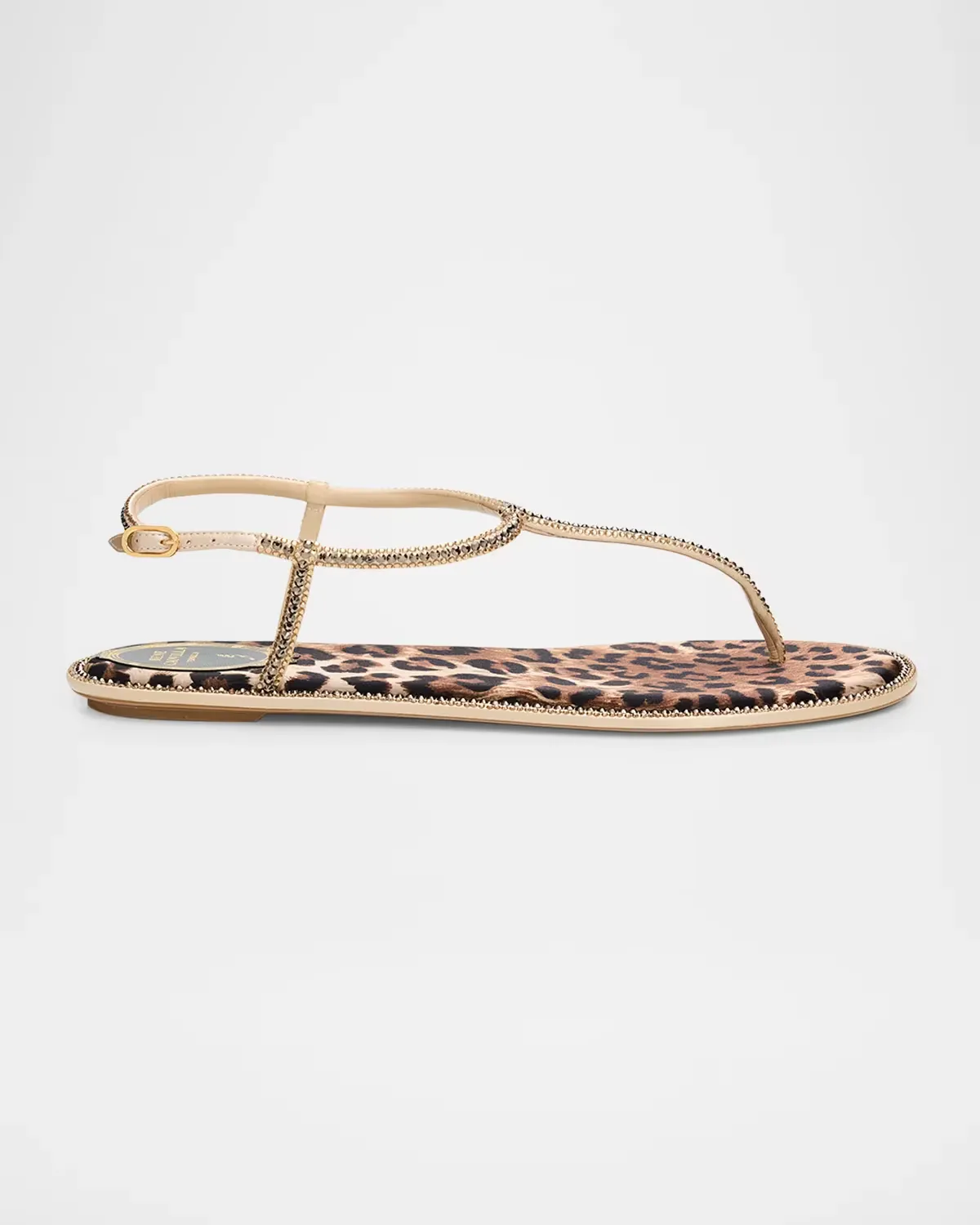 Embellished Leopard Satin Flat Thong Sandals by Rene Caovilla