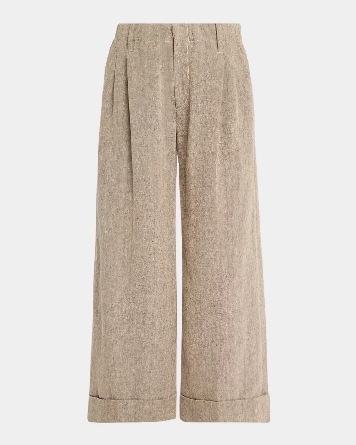 Rustic Linen Pleated Boxy Wide-Leg Ankle Trousers with Monili by Brunello Cucinelli