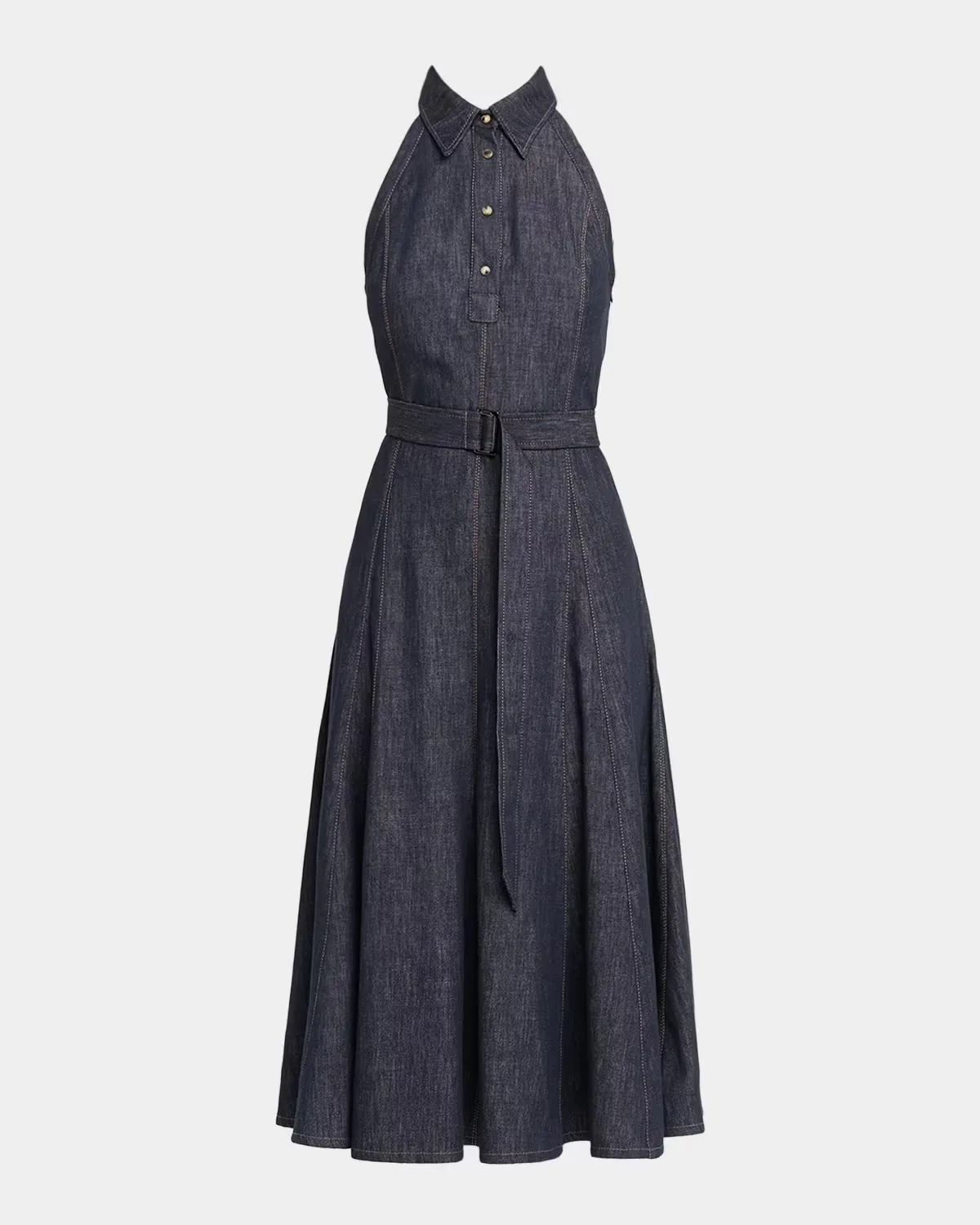 Sleeveless Linen Denim Belted Midi Shirtdress by Brunello Cucinelli