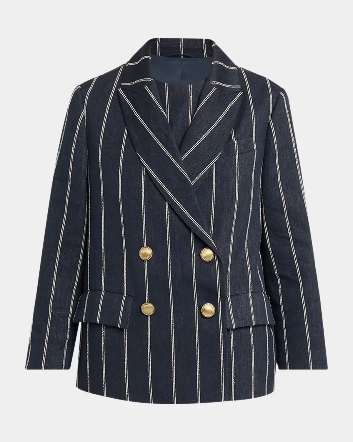 Double Pinstriped Denim Double-Breasted Blazer Jacket by Brunello Cucinelli