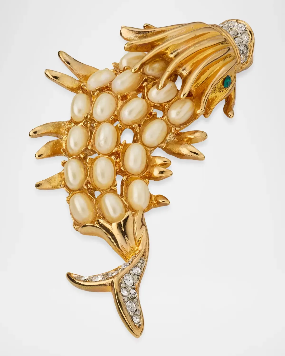 18K Gold-Plated, Glass Pearl and Rhinestone Fish Brooch