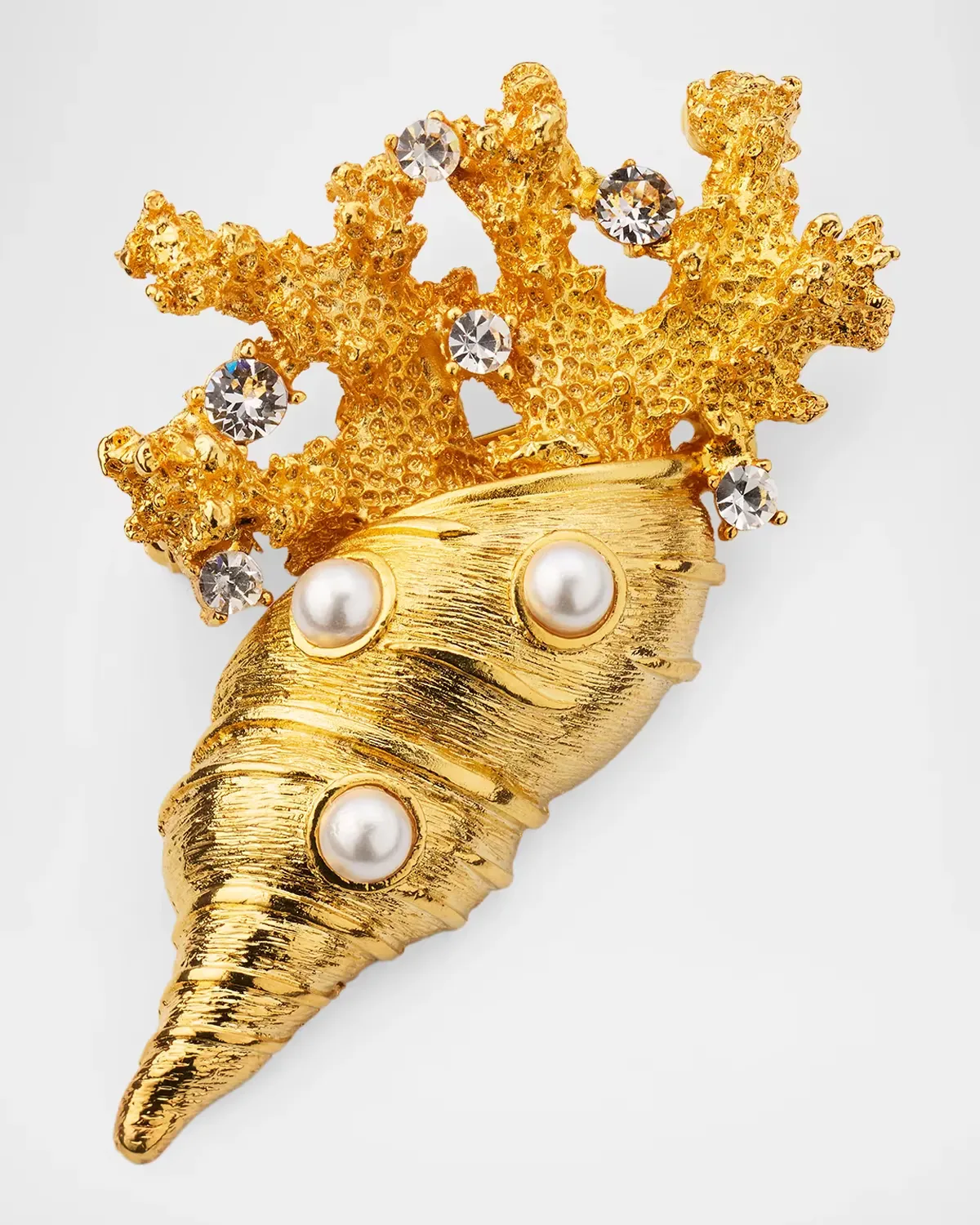 18K Gold-Plated, Glass Pearl, and Crystal Conch Shell Brooch