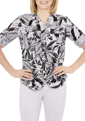 Woven Button Front Leaf Print Top by Ruby Rd