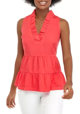 Sleeveless Tier Ruffle Neck Solid Top by Crown & Ivy