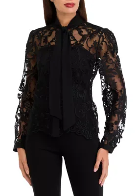Long Sleeve Bow Tie Lace Blouse