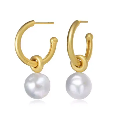 Sterling Silver 14K Gold Plated with White Round Genuine Freshwater Pearl Hoop Earrings by Rozzato