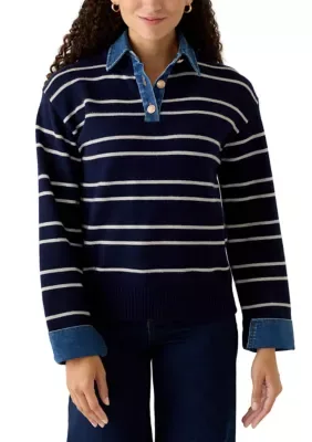 Long Sleeve Denim Twofer Top by Crown & Ivy