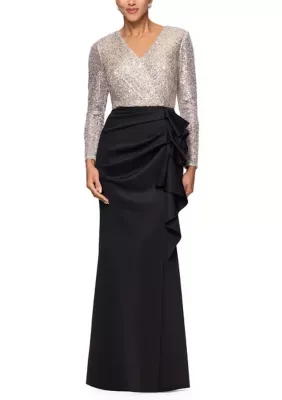 Long Sleeve Collared Sequin Bodice Tech Scuba Gown by Xscape