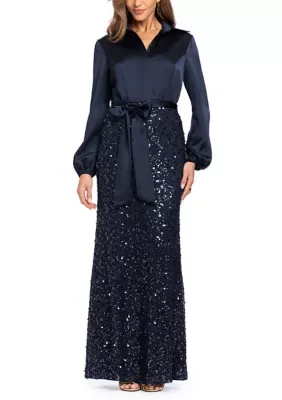Long Sleeve Satin Bodice Sequin Skirt Gown by Xscape