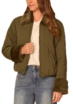Quilted Zip Front Jacket with Faux Fur by Democracy