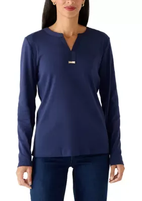 Woven Trim Split Neck Top by Rafaella