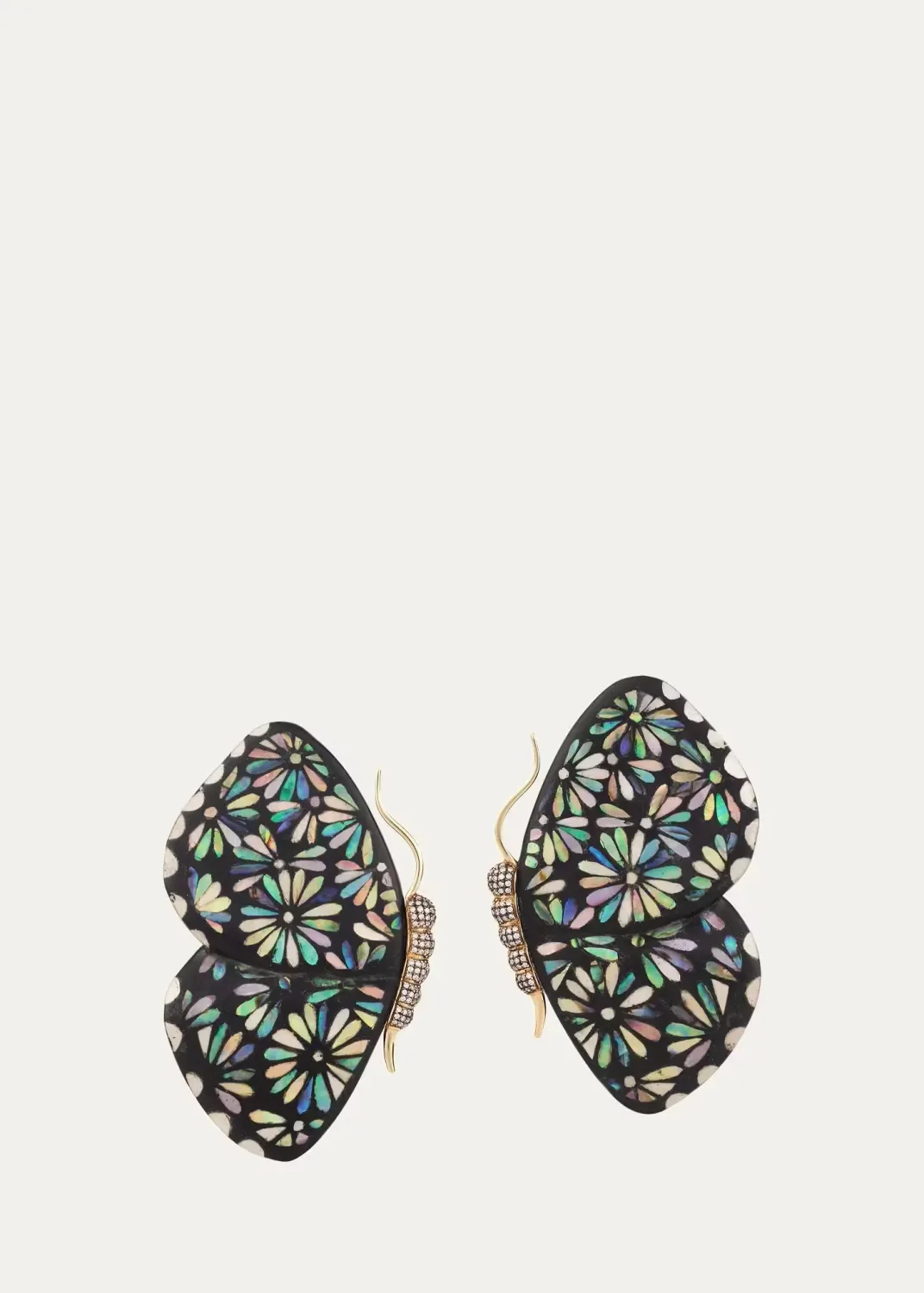 18K Yellow Gold Large Butterfly Wing Black Marquetry Earrings with Diamonds by Silvia Furmanovich