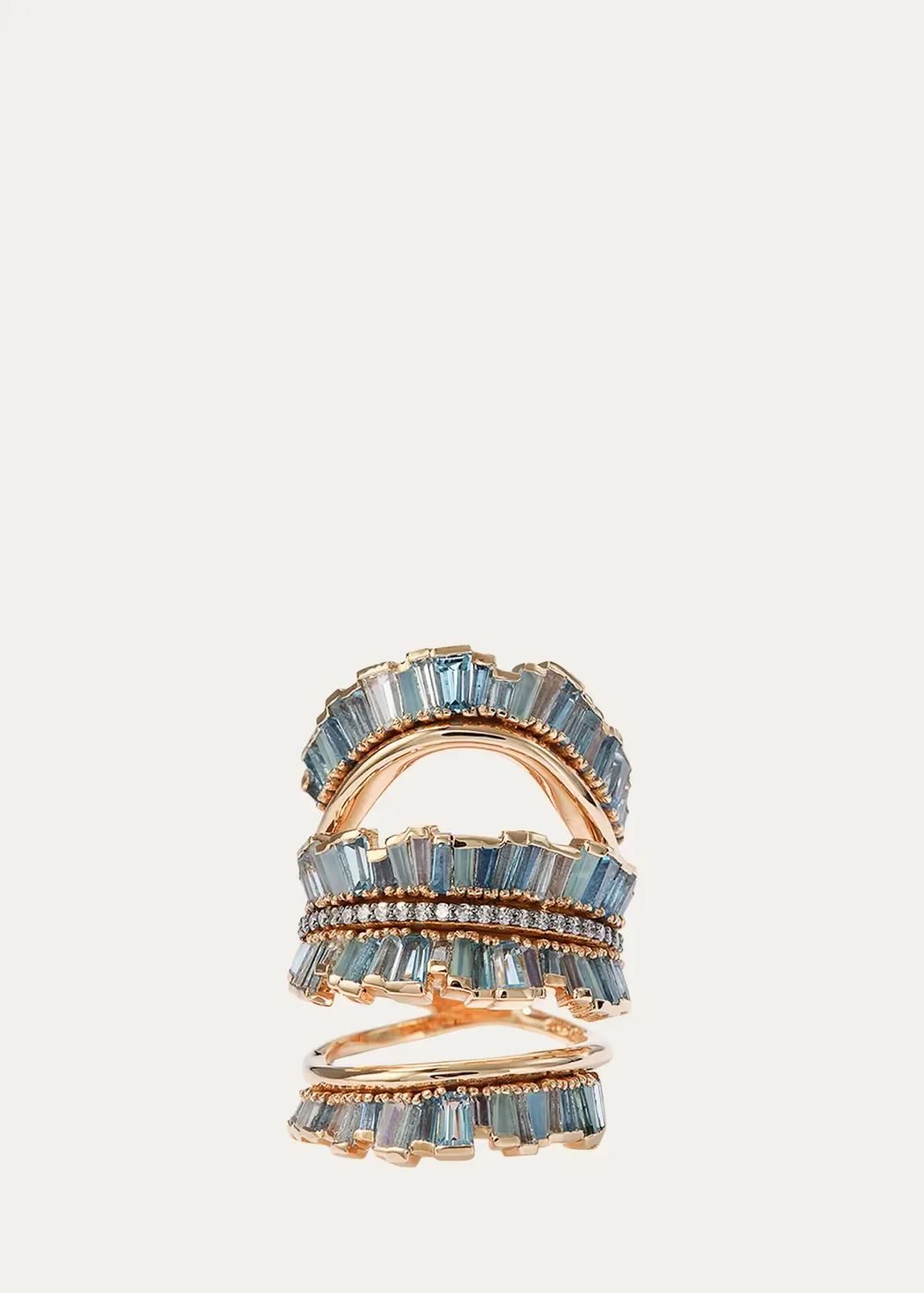 Triple Ruched Ribbon Ring with Aquamarine, Blue Moonstone, Blue Peruvian Opal and White Diamond Pave by Nak Armstrong