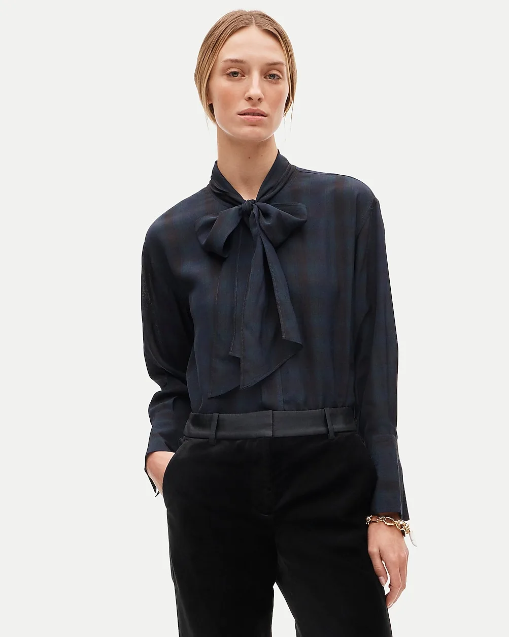 Bow Button-Up Shirt in Plaid Georgette by J.Crew
