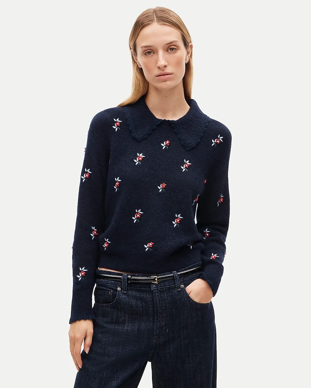 Tipped-Collar Sweater in Alpaca Blend with Floral Embroidery by J.Crew