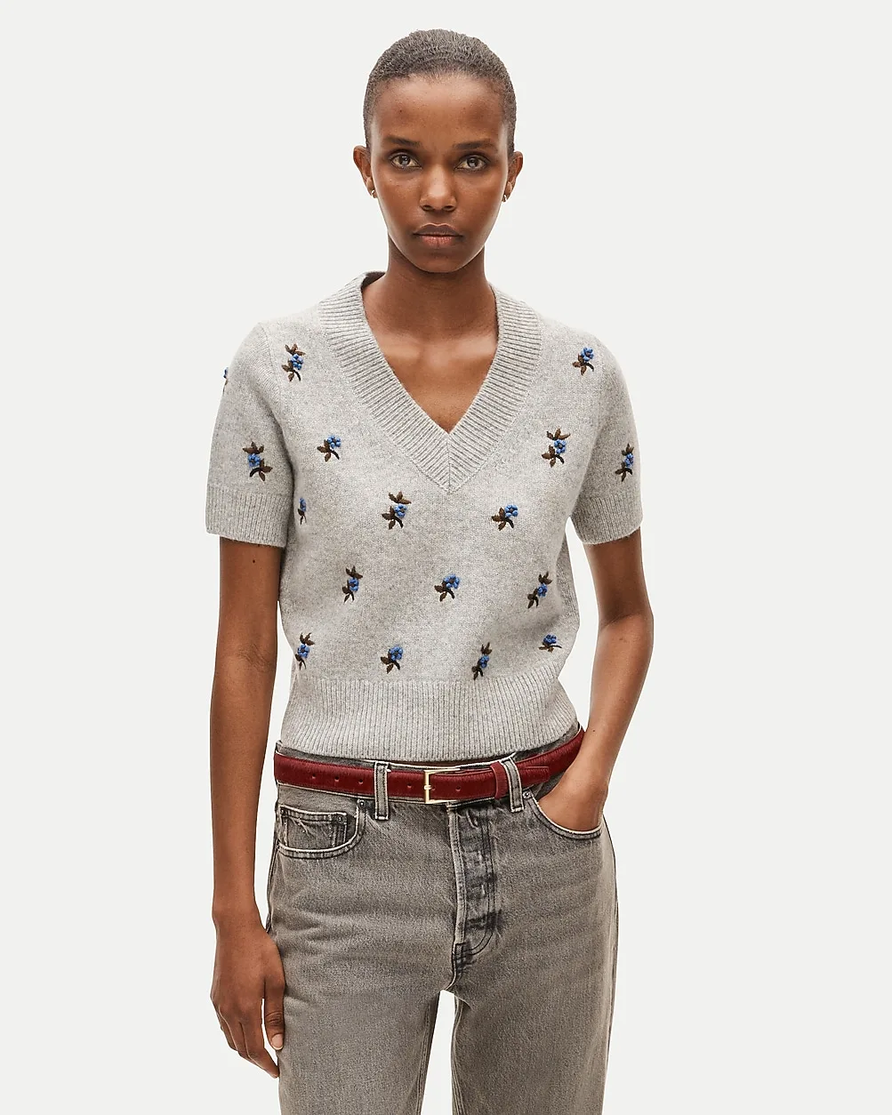 Short-Sleeve V-Neck Sweater in Vintage Wool with Floral Embroidery by J.Crew
