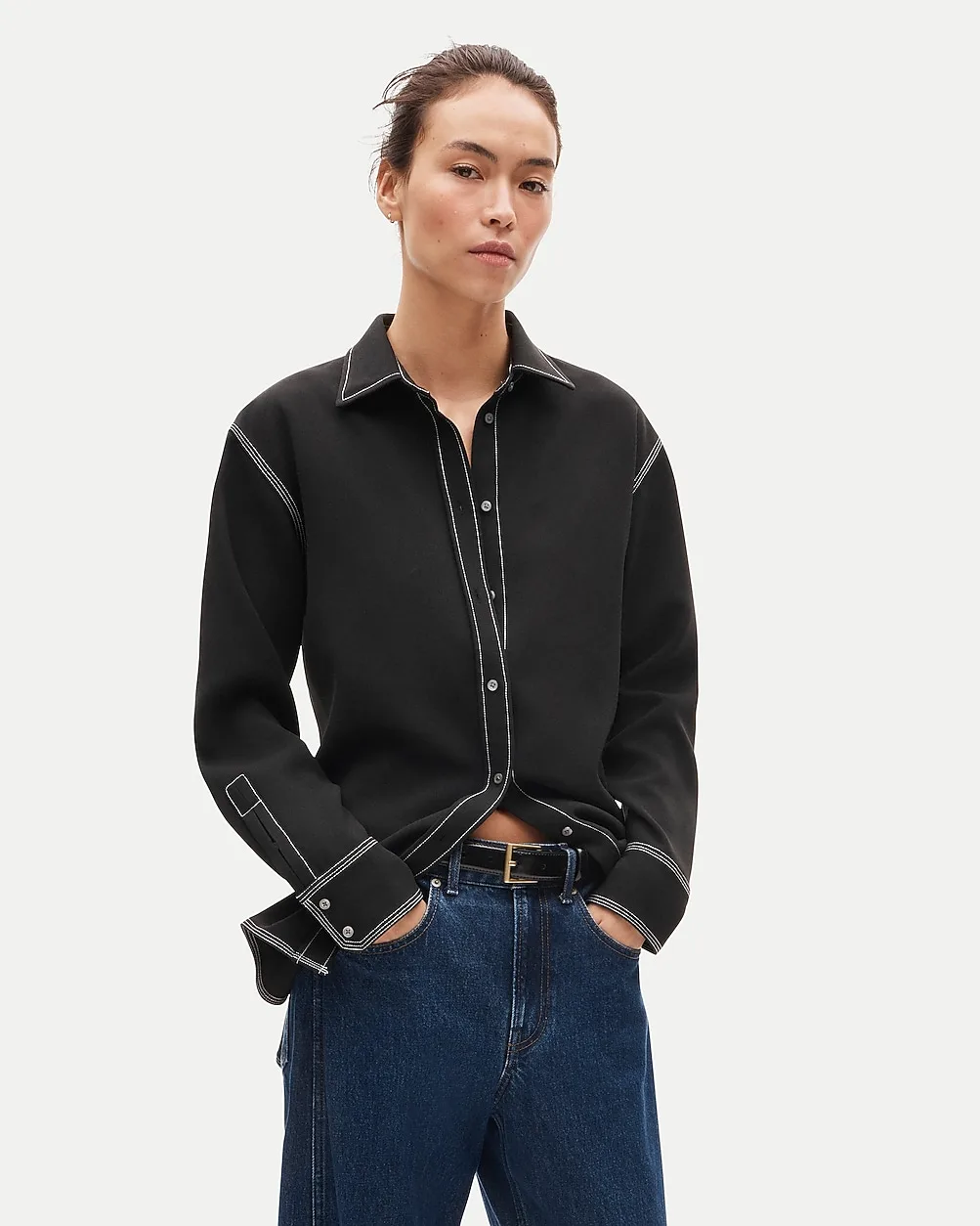 Cinched-Back Button-Up Shirt in Contrast-Stitch Crepe De Chine by J.Crew