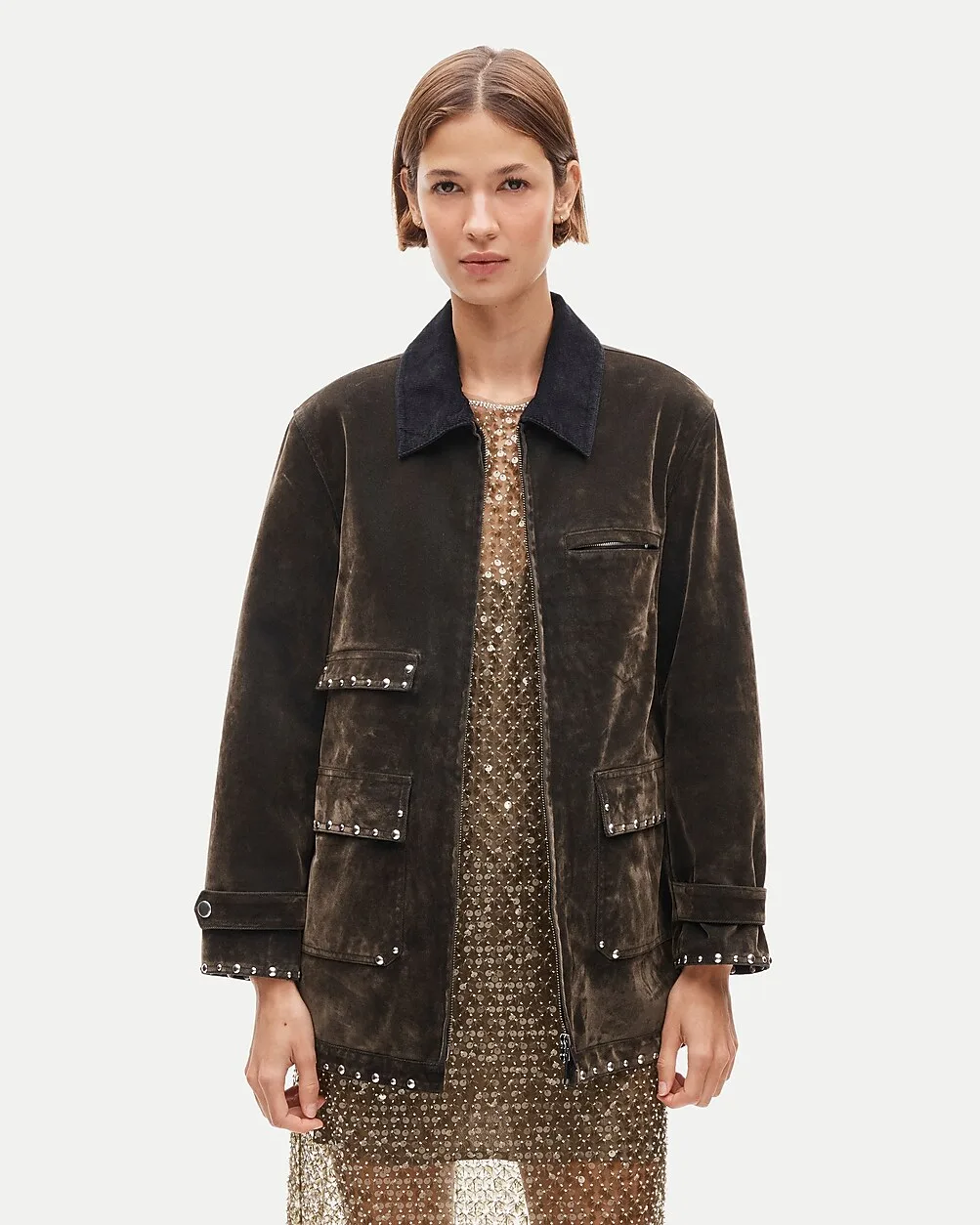 Studded Barn Jacket in Flocked Cotton Twill by J.Crew