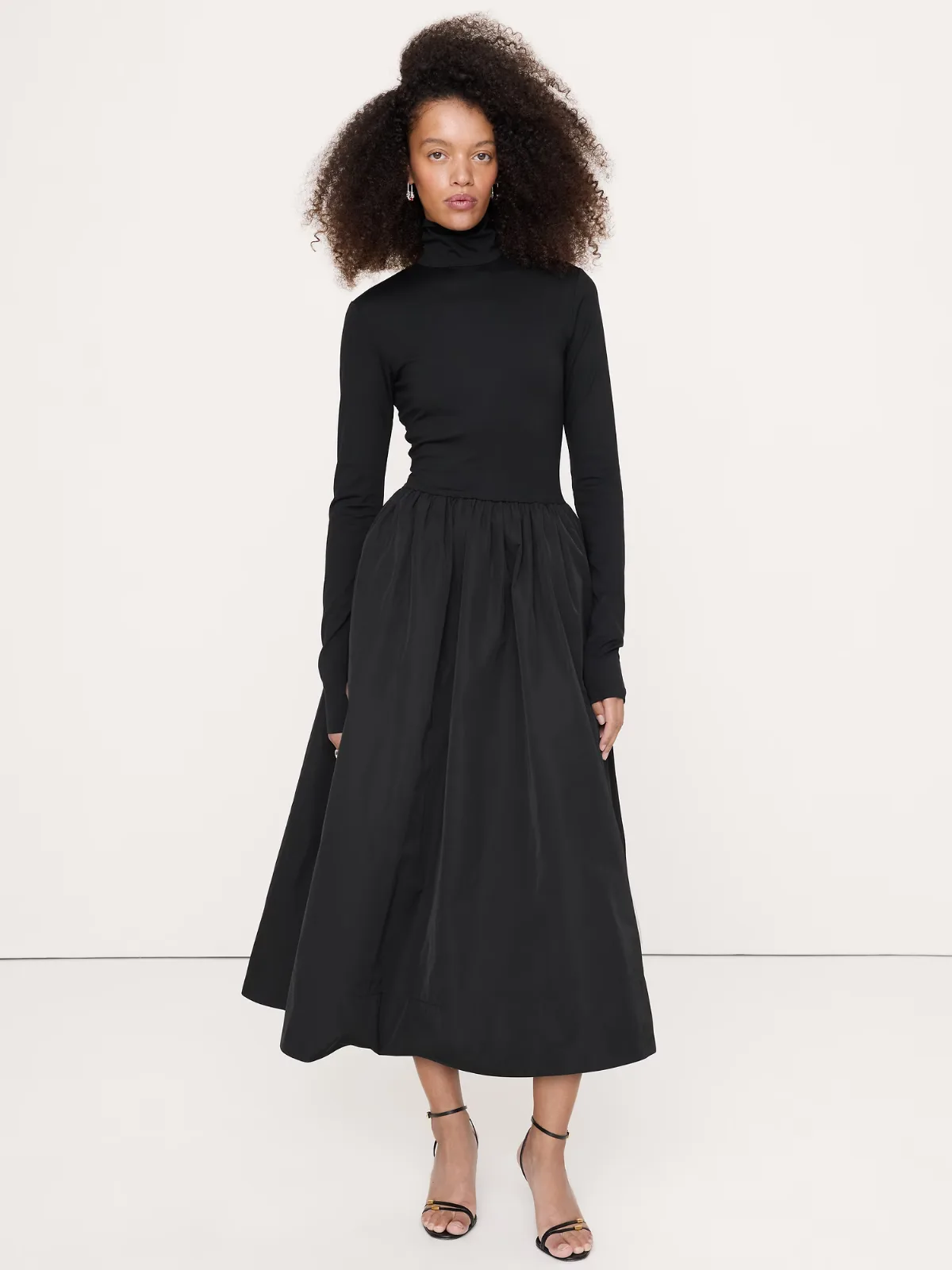 Jersey + Taffeta Turtleneck Maxi Dress